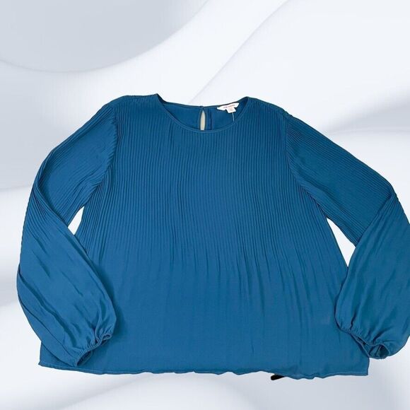 Joe Fresh Womens NWT Blue Lined Sheer Long Sleeve Fadeout Pleat Top Size XL - Picture 5 of 10